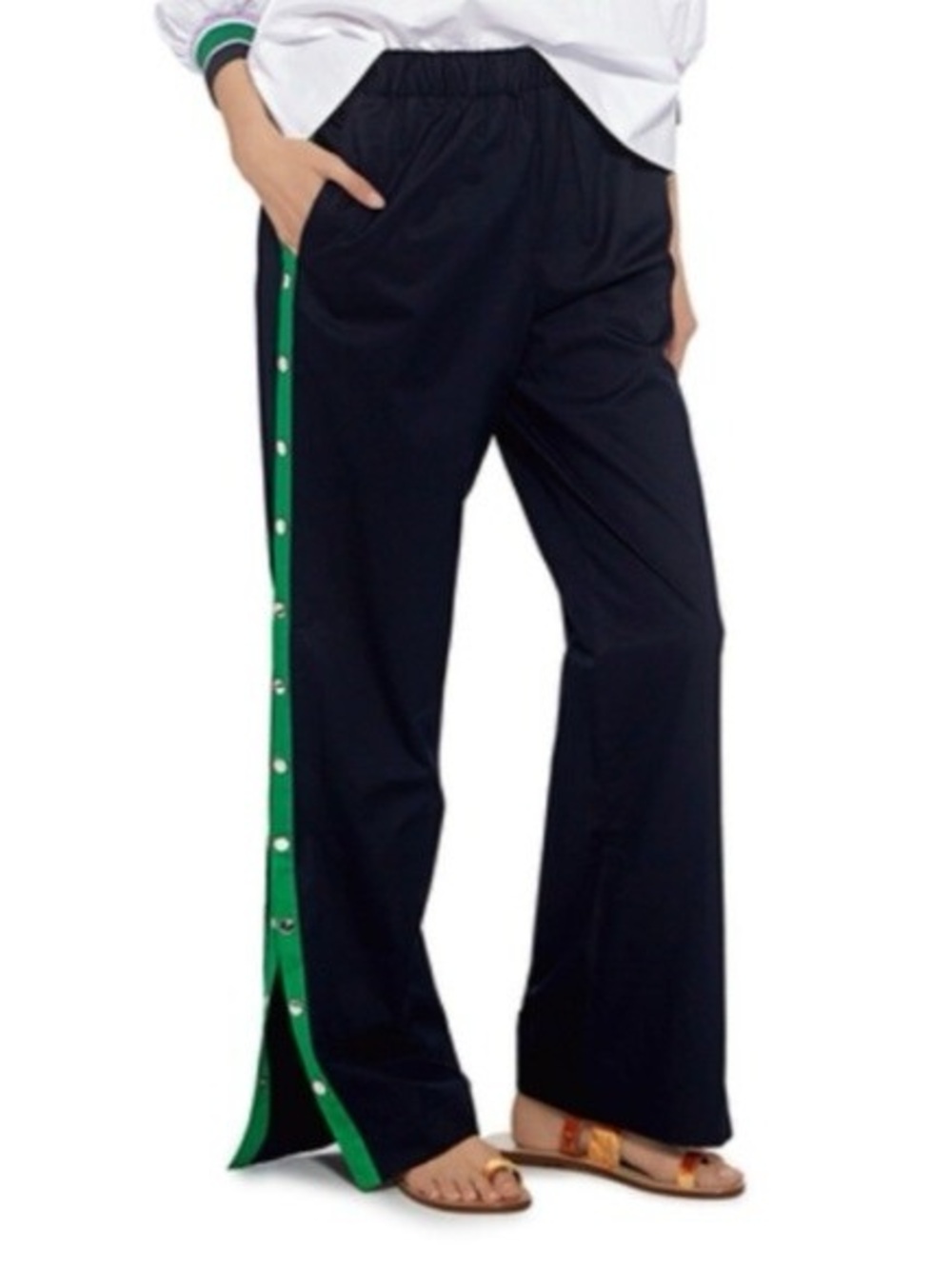 Tibi Navi Blue/Green Side Snap Wide-Leg Poplin Pants